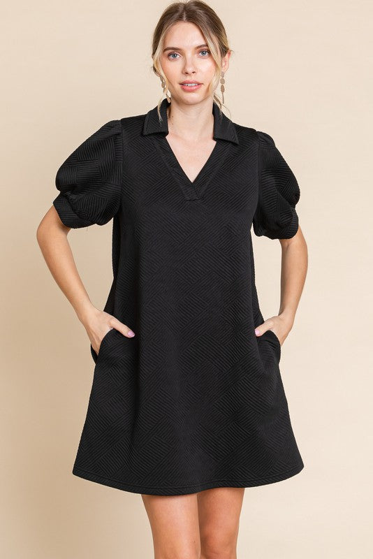 TEXTURED OPEN COLLAR DRESS