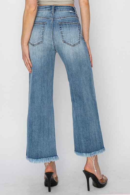 HIGH RISE FRAYED ANKLE WIDE JEANS