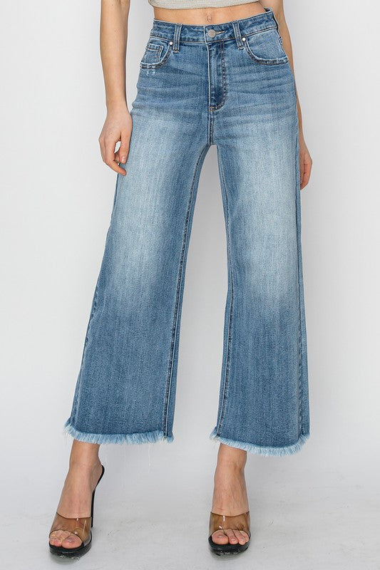 HIGH RISE FRAYED ANKLE WIDE JEANS