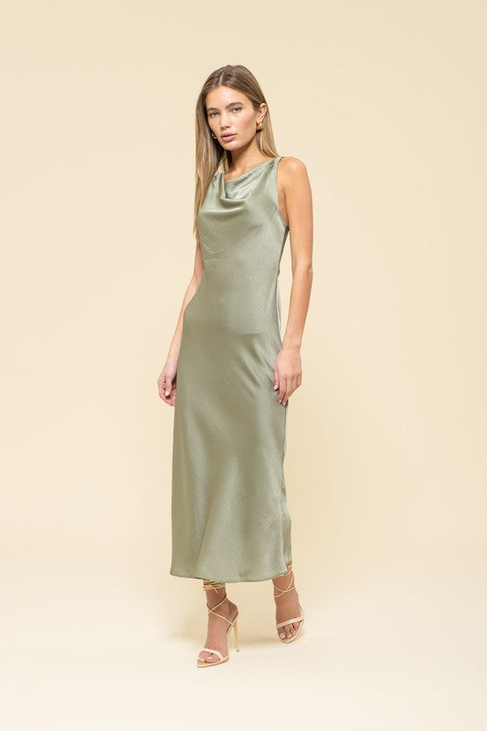 SATIN COWL NECK MIDI DRESS