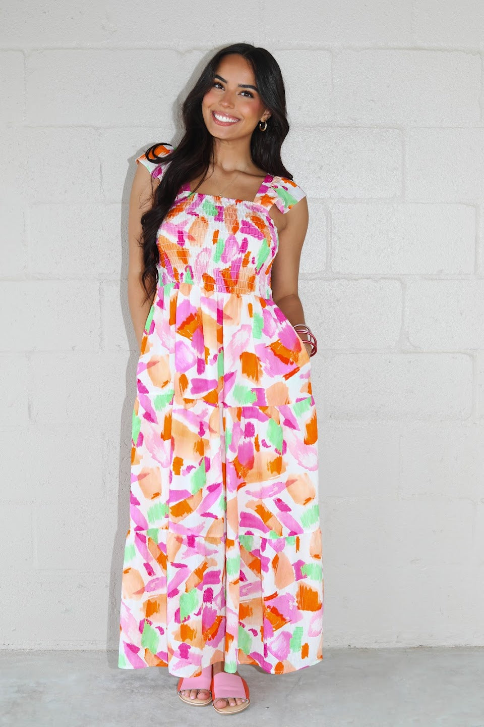 SMOCKED PRINT MAXI DRESS