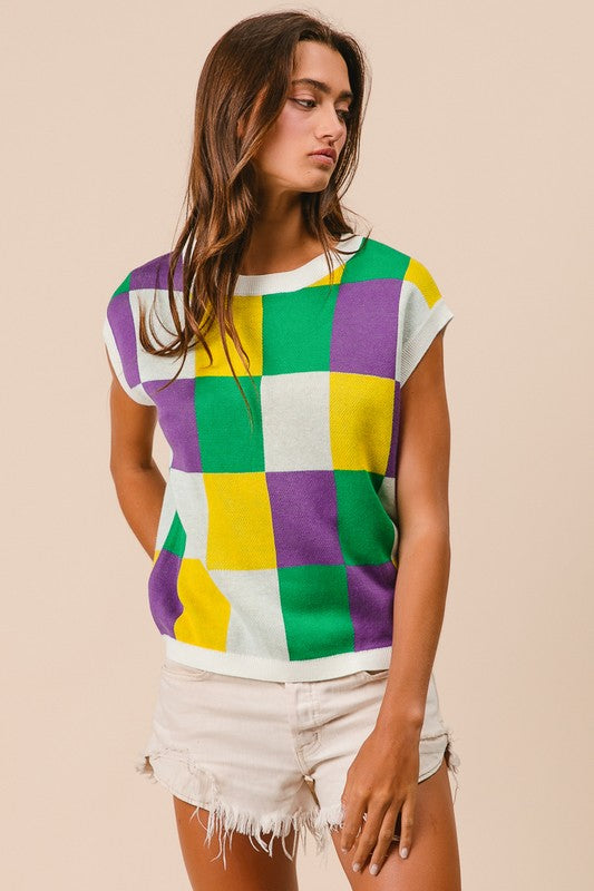 MARDI GRAS CHECKERED PATTERN SWEATER