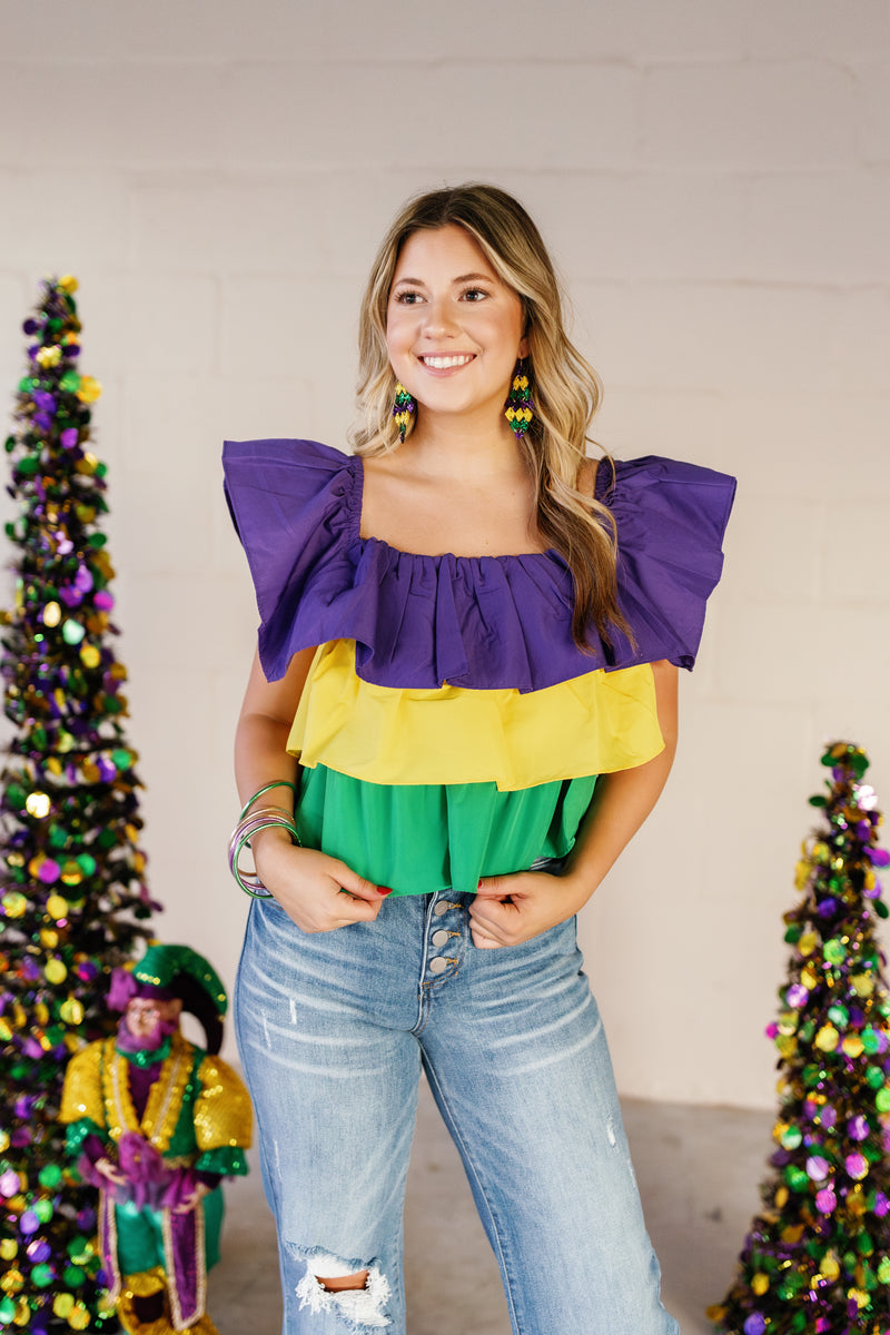 RUFFLE CROP MARDI GRAS TOP