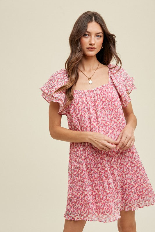 FLORAL PLEATED MINI DRESS