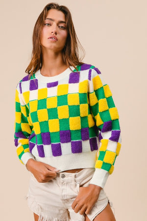 MARDI GRAS CHECKERED SWEATER