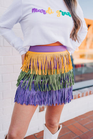 MARDI GRAS RHINESTONE FRINGED SKIRT