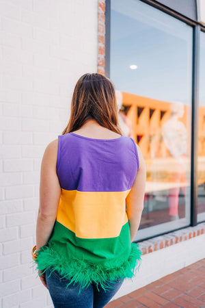 MARDI GRAS COLOR BLOCK FAUX FEATHER TOP