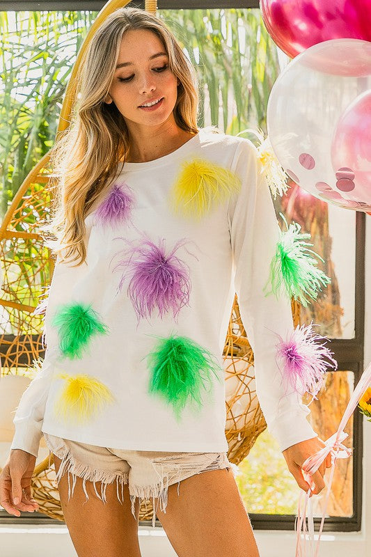 (XL) MARDI GRAS FAUX FEATHER TRIM TOP