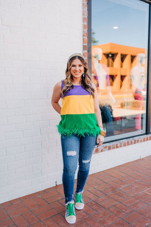 MARDI GRAS COLOR BLOCK FAUX FEATHER TOP