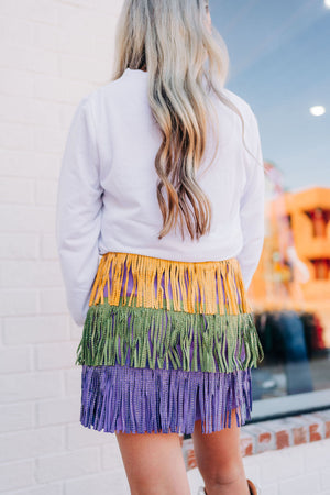 MARDI GRAS RHINESTONE FRINGED SKIRT